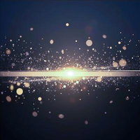 光の粒が散乱する宇宙空間、黄白色の光線と粒子のテクノロジー背景の写真