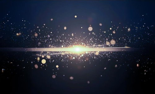 光の粒が散乱する宇宙空間、黄白色の光線と粒子のテクノロジー背景