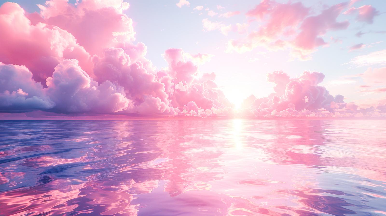 ピンク色の雲と朝日が反射する海の水平線