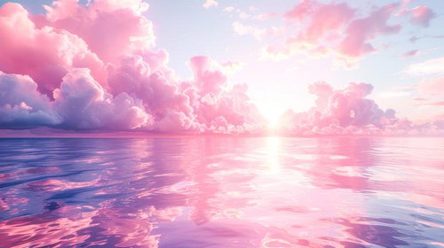 海上に浮かぶピンク色の雲と朝日が映る水平線