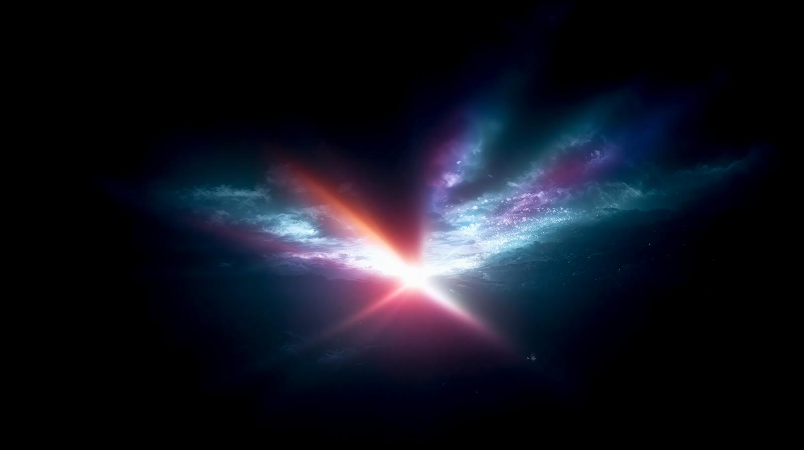 宇宙空間で2本の光線が交差し周囲に青紫とピンクの星雲が広がる