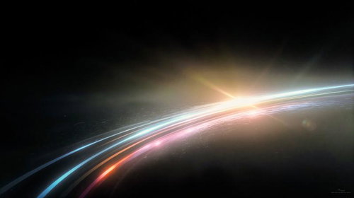 暗闇の中で弧状に広がる虹色スペクトル光のライン