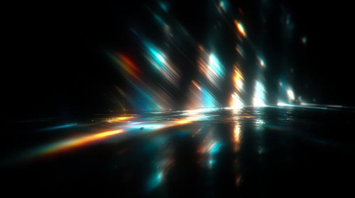 黒背景に斜めに流れる光の帯と虹色スペクトルの抽象表現