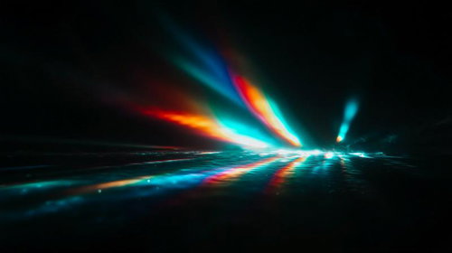 虹色に輝く光線が放射状に広がる抽象的な光のスペクトラム