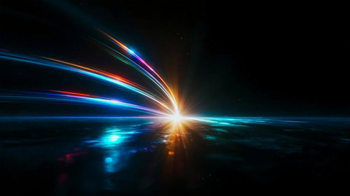 黒背景に青とオレンジの光線が放射状に伸びる、静寂な空間を切り裂く光の帯