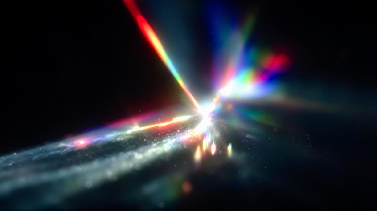 宇宙空間で中央から放射状に広がる虹色の光線