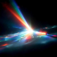 中央から放射状に広がる虹色の光線とプリズム効果のAI画像