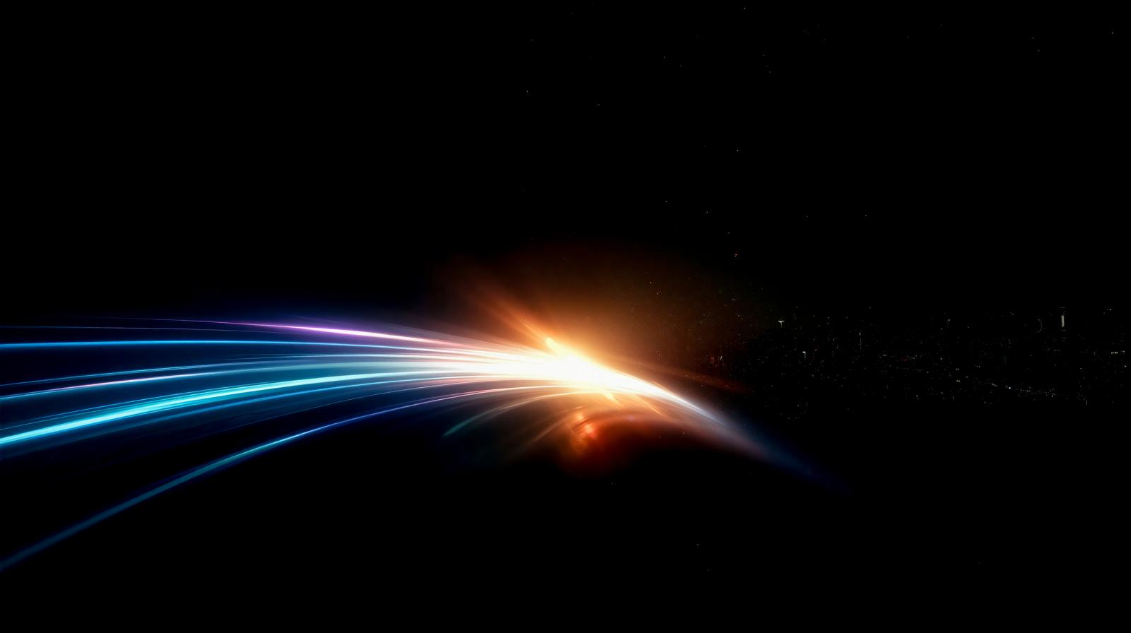 黒い宇宙空間にオレンジとブルーの光線が曲線を描くレンズフレア