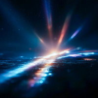 光とレンズフレアが走る暗闇の空間の写真