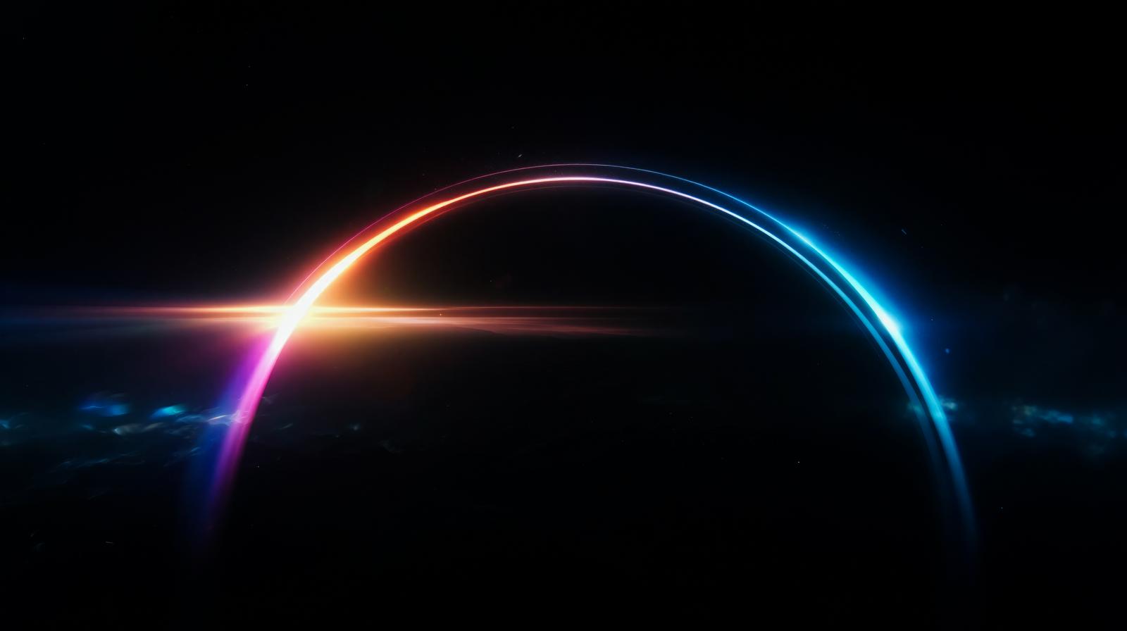 黒い惑星を囲むようにオレンジと青の光跡が弧を描く宇宙空間