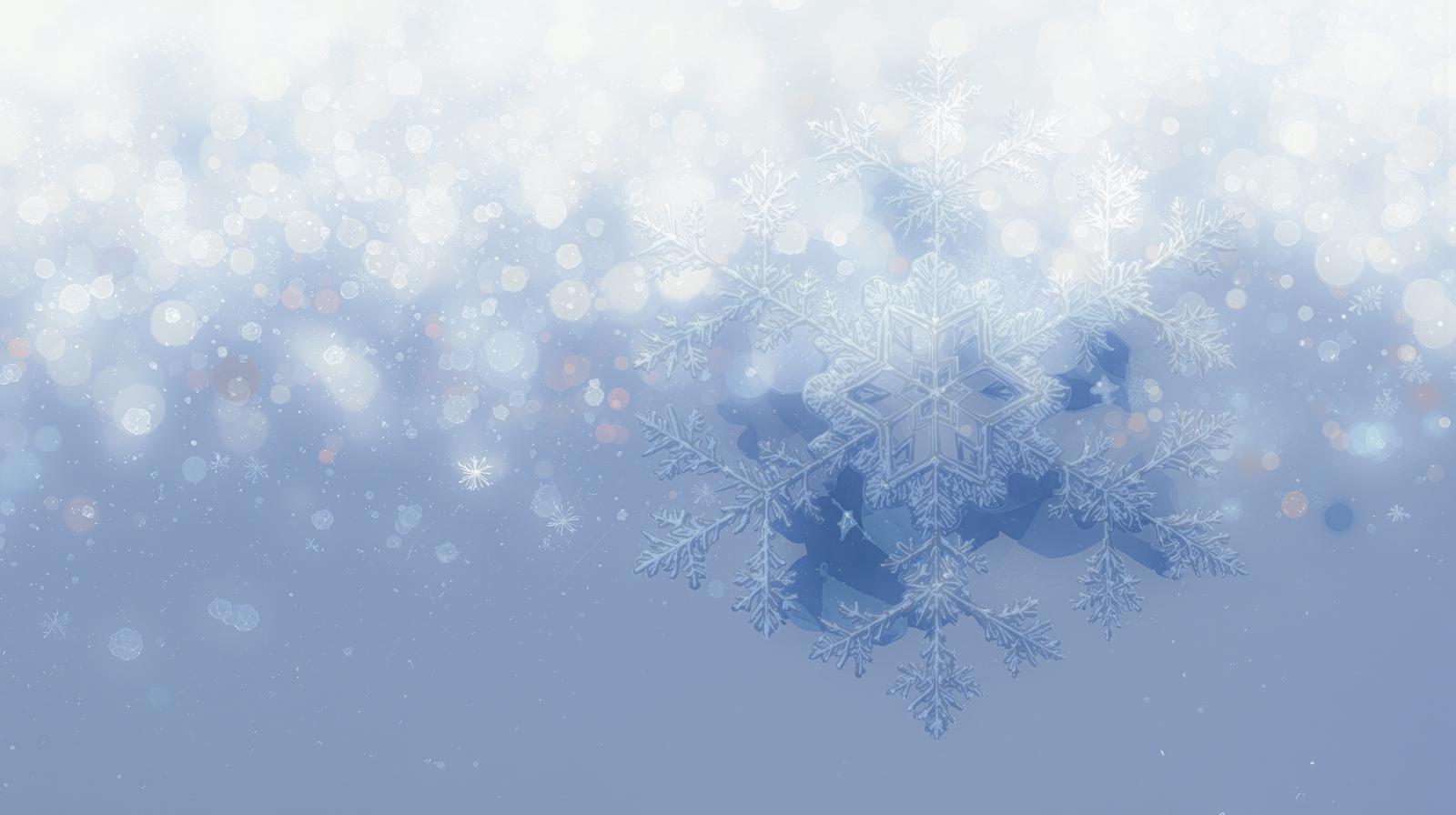 青色の背景に浮かぶ白い雪の結晶と光るボケ効果