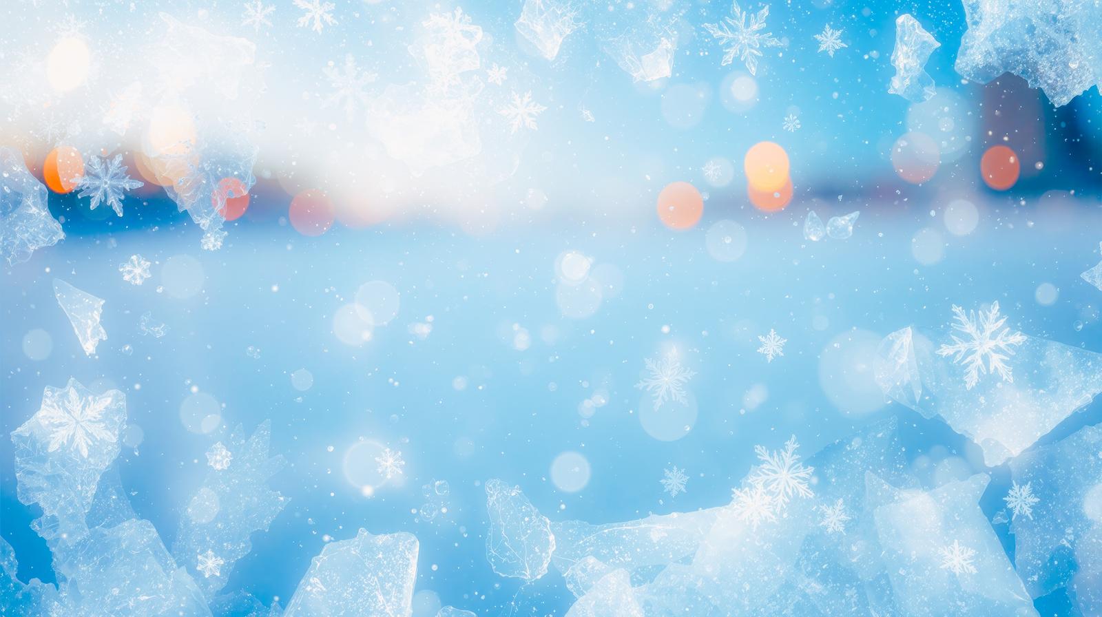 青い背景に白い雪の結晶とオレンジ色の光のボケが舞う冬の抽象画像