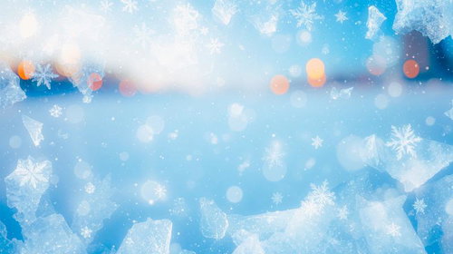 青い背景に雪の結晶と暖色の光が舞う冬の抽象的な結晶模様