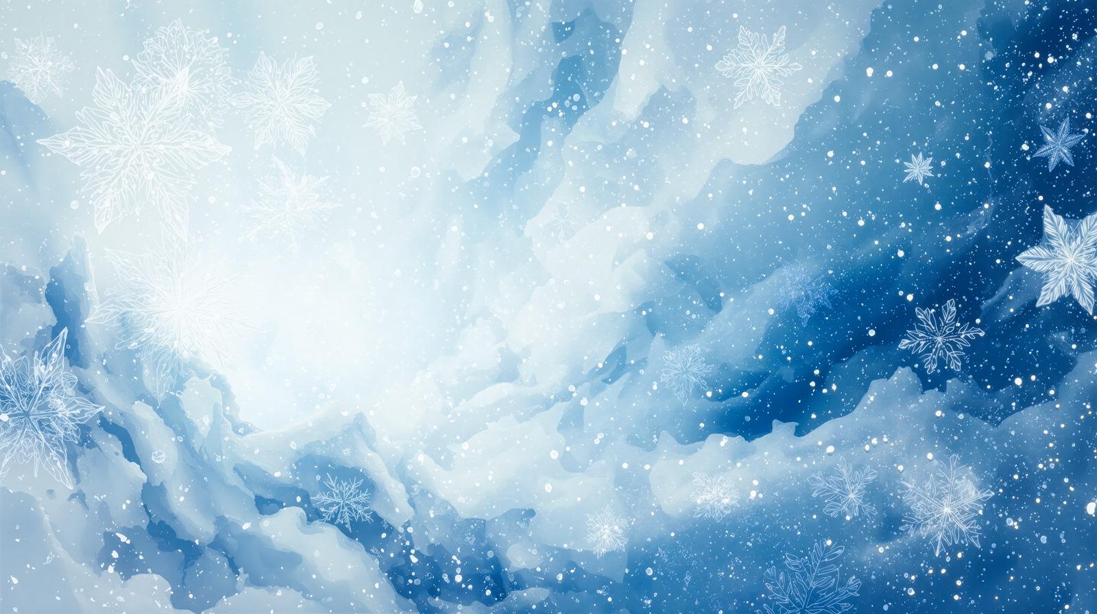 青と白の水彩のにじみに雪の結晶が舞う冬の背景イラスト