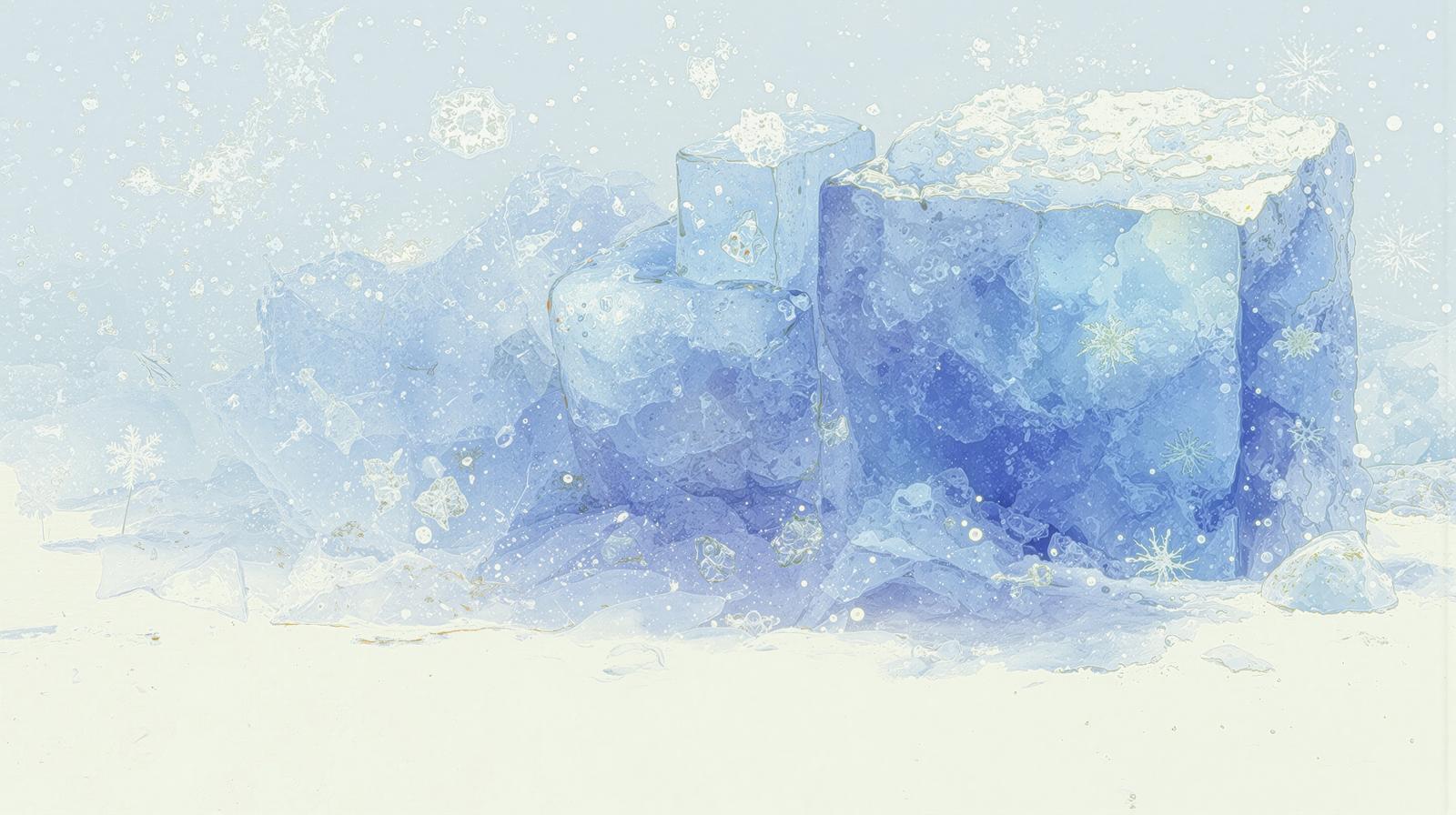 雪の結晶が舞う中に置かれた透明な青い氷のブロック
