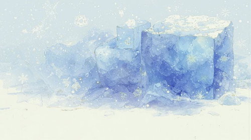 雪の結晶が舞う透明な氷のブロック