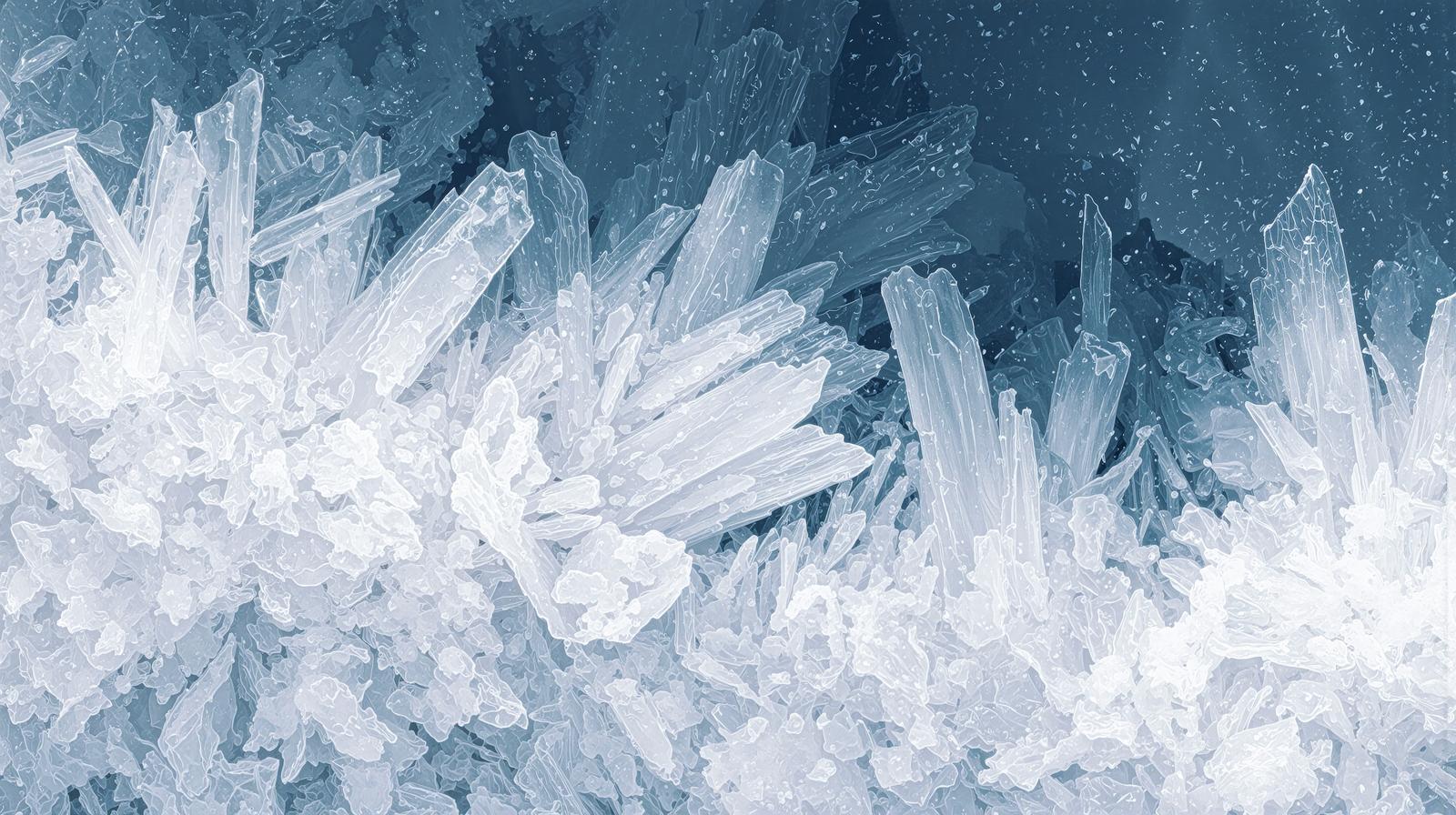 透明な氷の結晶が密集して立ち上がっている様子