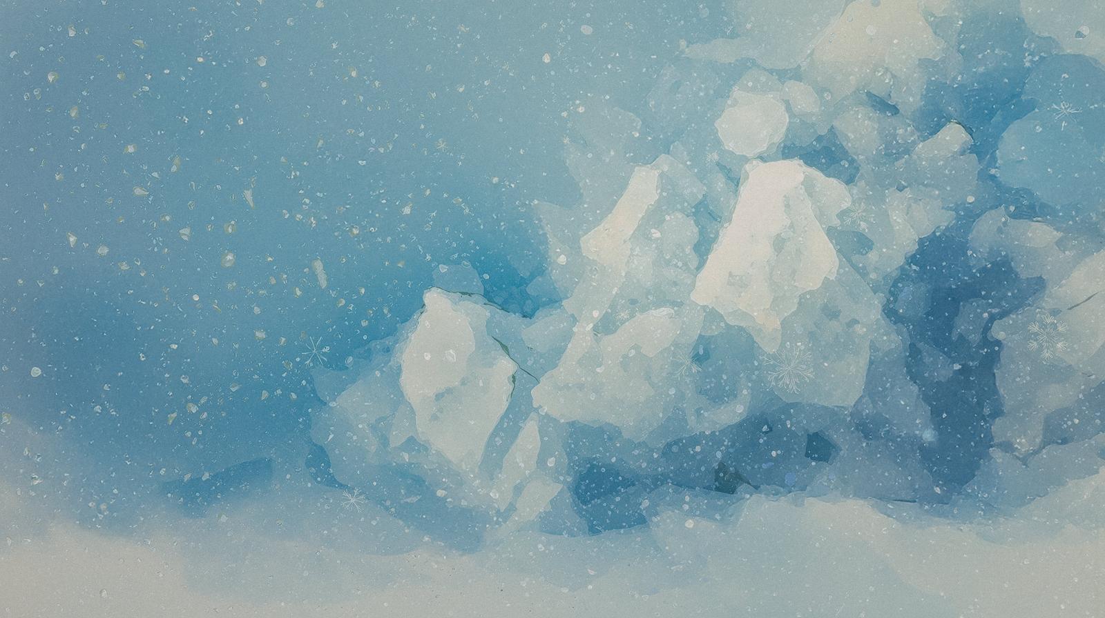 青い空間に白い氷の結晶と雪の粒子が浮遊する抽象的な背景