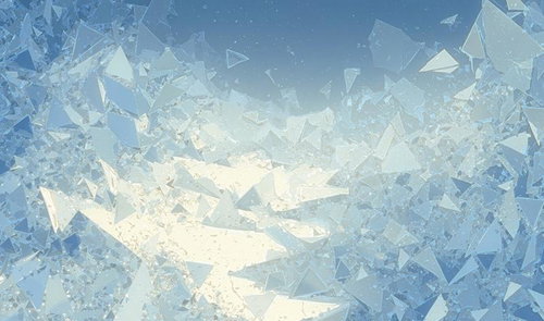 青白いグラデーションの中を舞う氷の破片とガラス片