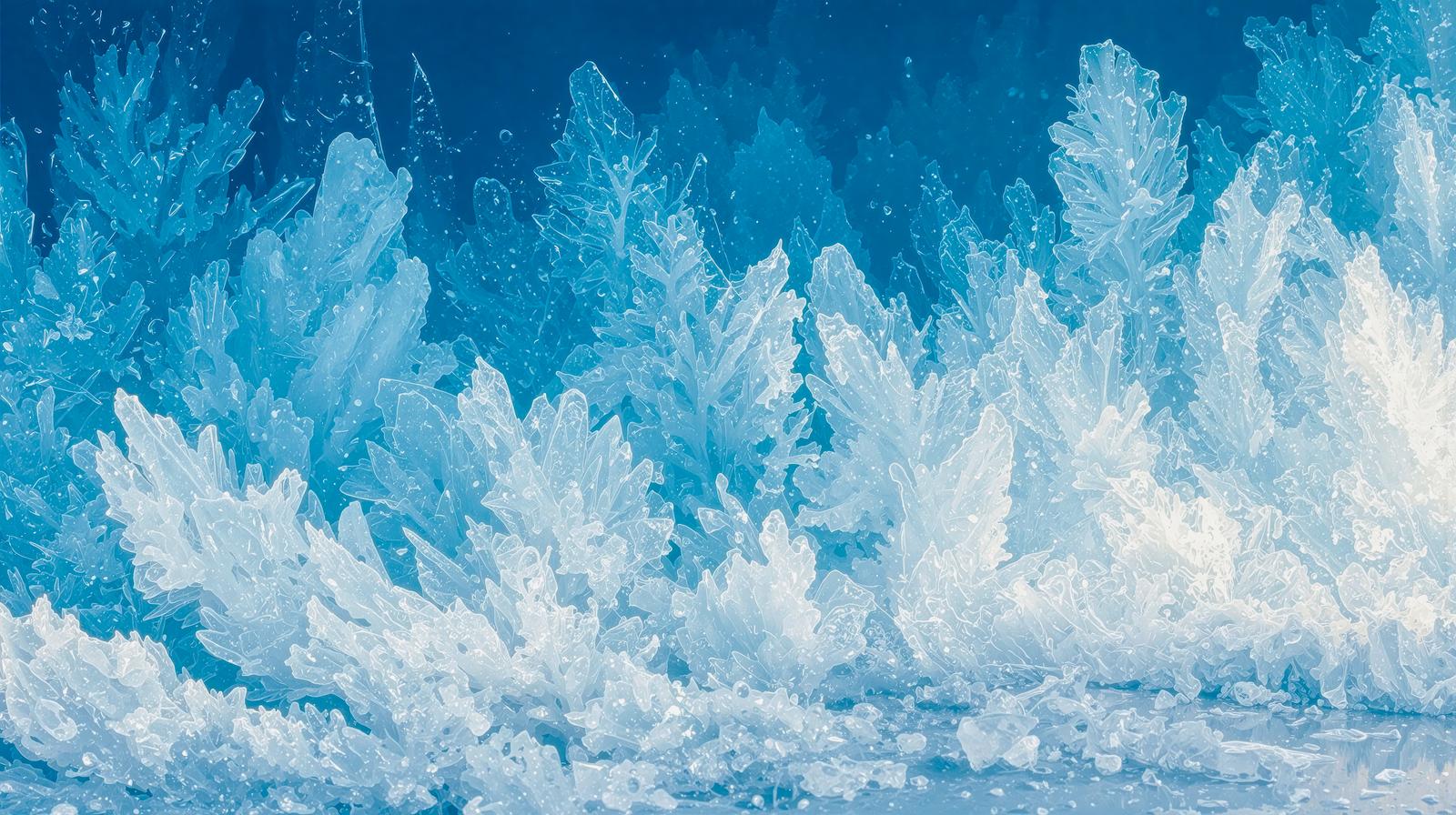 青白い氷の結晶が針状に無数に立ち並んでいる様子