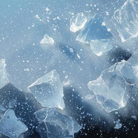 透明な氷の破片が舞い散る青い空間の写真