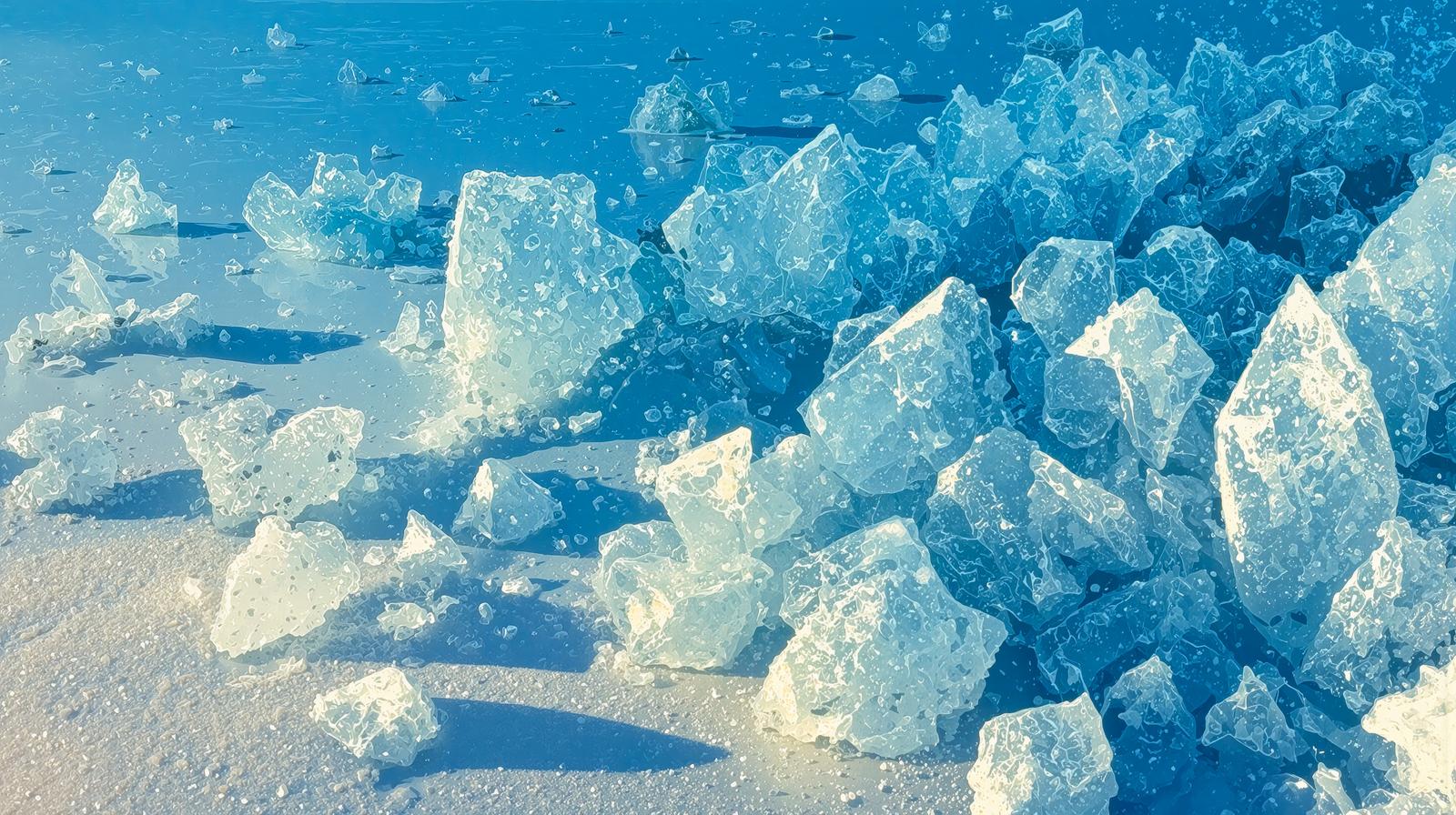 青い水面に浮かぶ大小の透明な氷塊が集まっている様子
