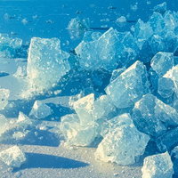 青い水面に浮かぶ透明な氷塊の集合体の写真