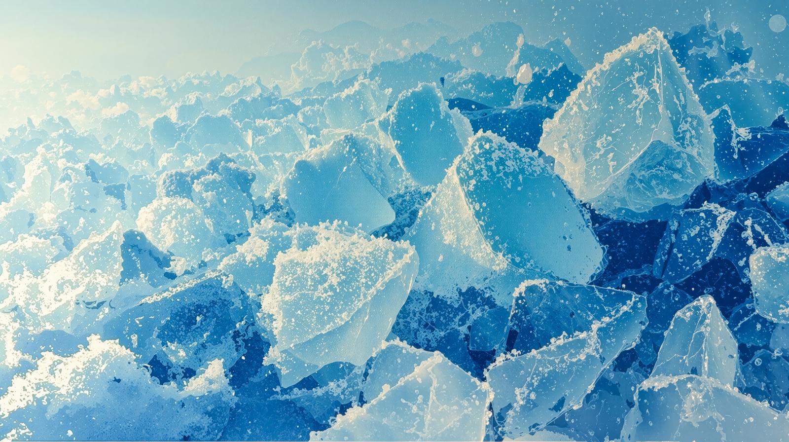 青く透明な氷塊が重なり合って積み重なっている様子