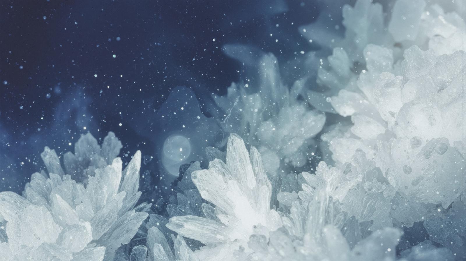 青い夜空に白い花と雪の結晶が舞い散る幻想的な風景