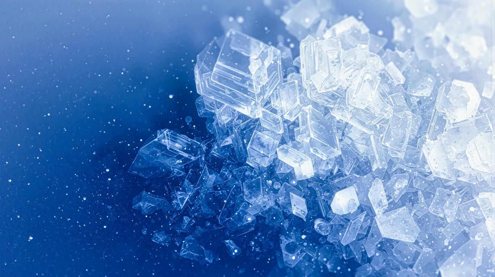 青い背景に透明な立方体状の氷結晶が複数浮かんでいる様子