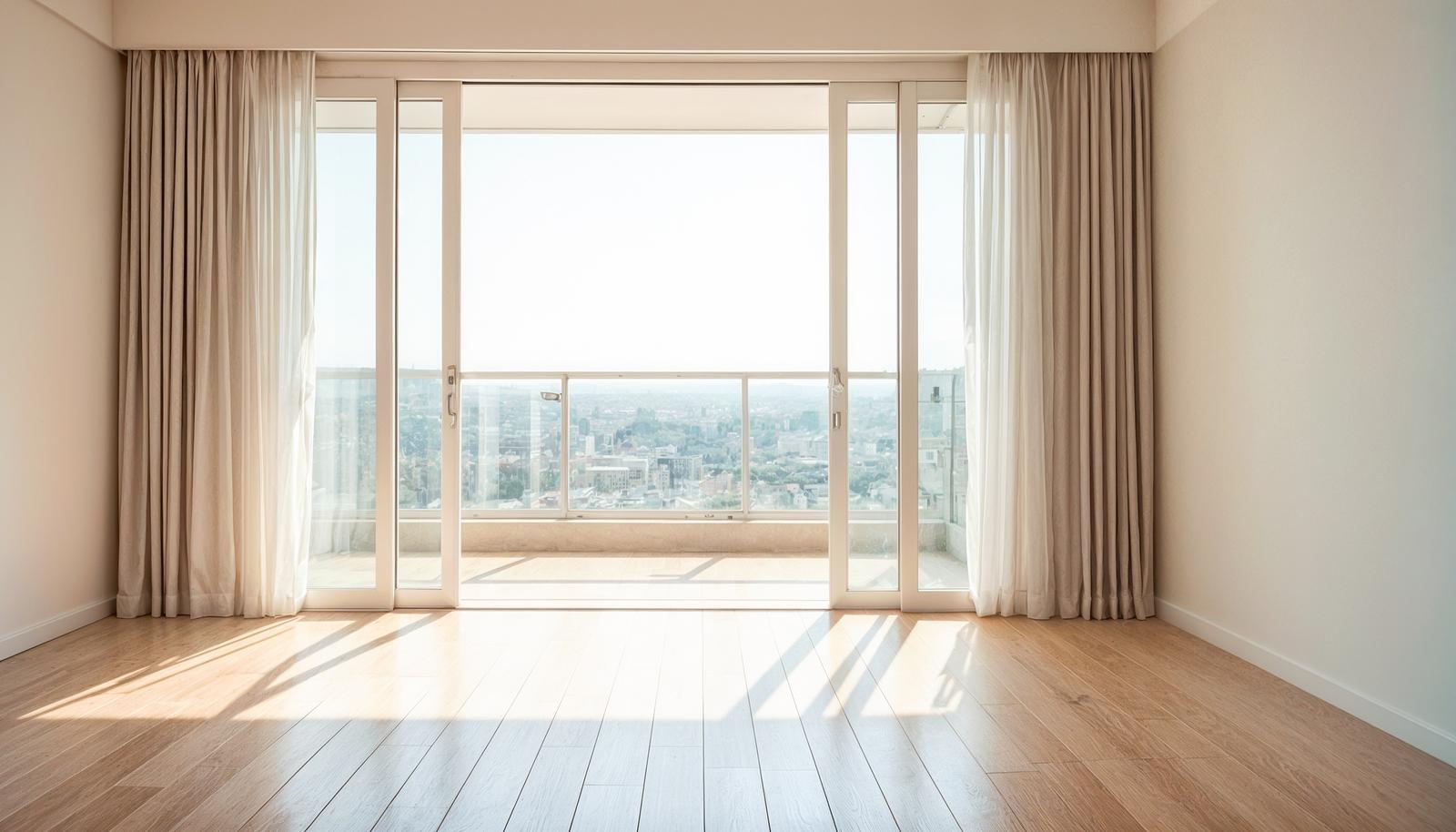 Unfurnished high-rise living room with large sliding glass doors, beige floor-length curtains, light hardwood floors, and a wide urban city view beyond a glass-railed balcony.