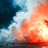 荒野に広がる爆発と煙幕のAI画像