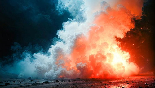 荒野に広がる爆発と煙幕のAI素材