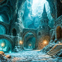 洞窟に広がる地下迷宮の石造建築のAI画像