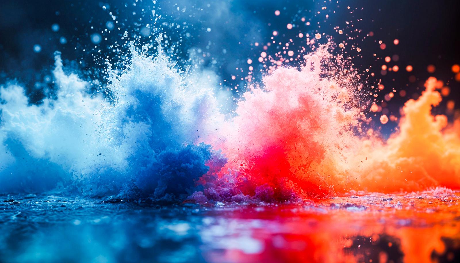 青と赤の水しぶきと煙が中央で衝突し飛沫が舞うAI画像