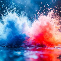 青と赤の水しぶきが衝突する瞬間のAI画像