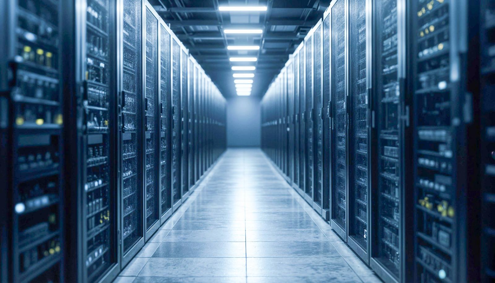 両側にサーバーラックが並び奥へ続くデータセンターの通路