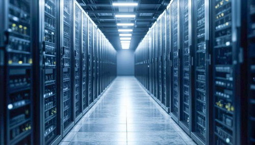 サーバーラックが並ぶデータセンターの通路のAI素材
