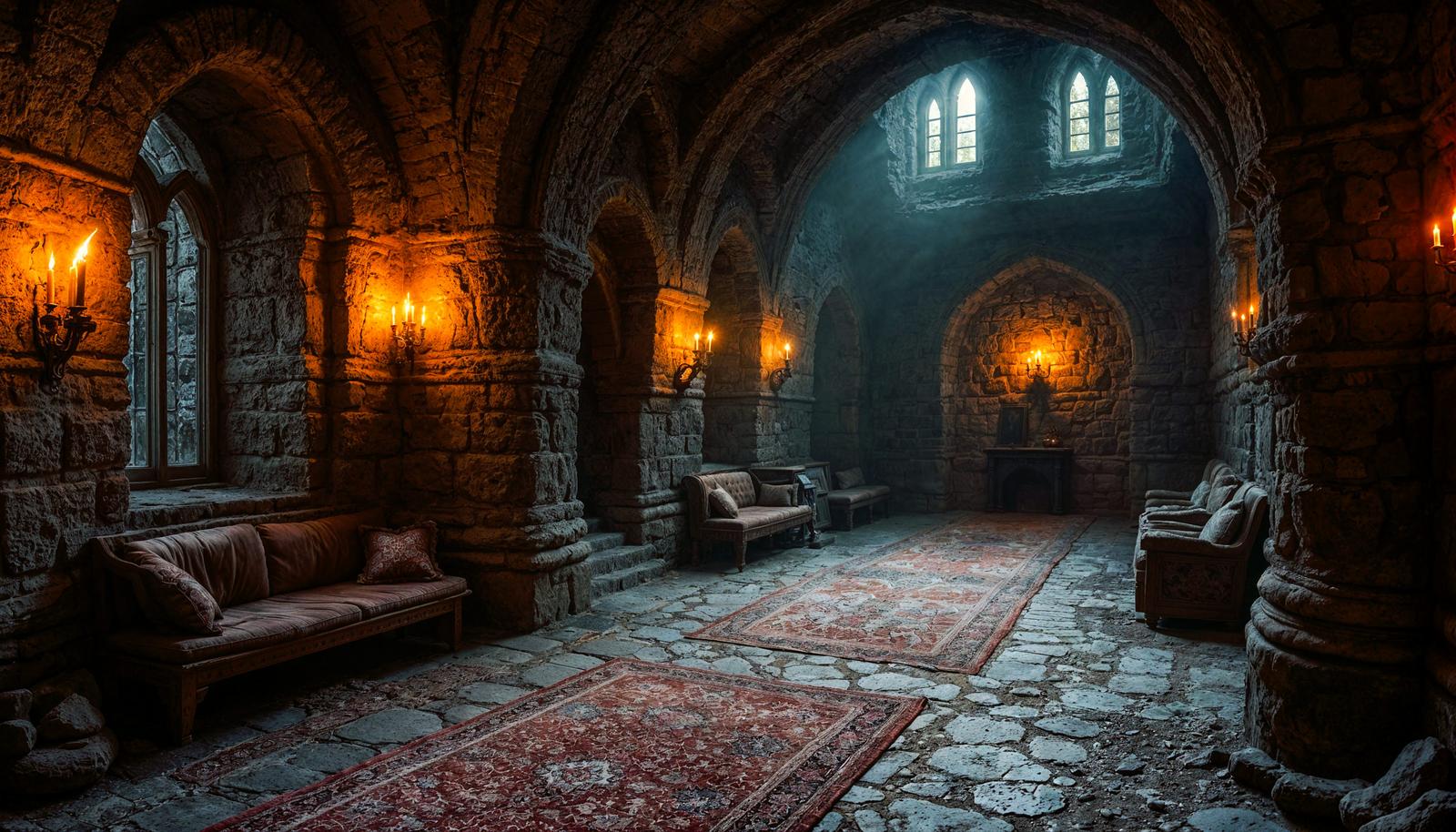 Stone vaulted hall with rough masonry arches, iron candelabras casting orange light, red patterned rugs on cobblestone floor, gothic window at far end emitting blue light.