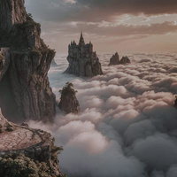 雲海にそびえるファンタジーの古城のAI画像