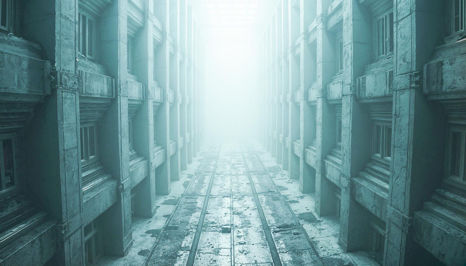 霧に包まれた監獄を思わせる石造りの通路が奥へ続く画像