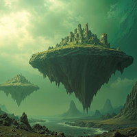 緑の空に浮かぶ天空の島のAI画像