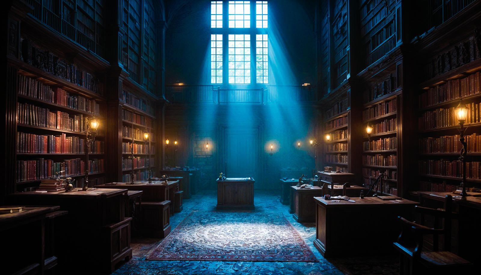 AI-generated grand library interior with floor-to-ceiling bookshelves, blue light rays from a tall window, warm brass lanterns, wooden desks, and a patterned rug on the floor.