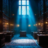 光が差し込む古城の大図書館のAI画像