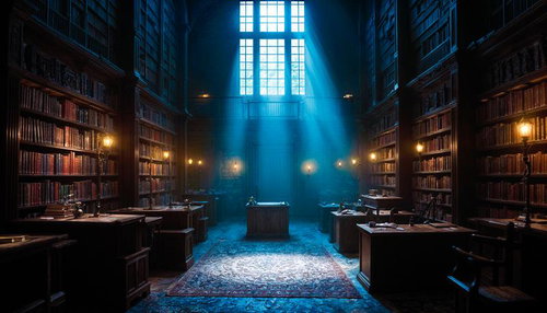Dark Fantasy Library Interior with Blue Light Rays — Free Stock Image