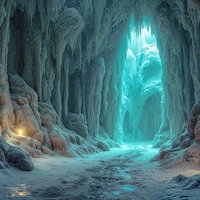 氷に覆われた地底洞窟のダンジョンのAI画像