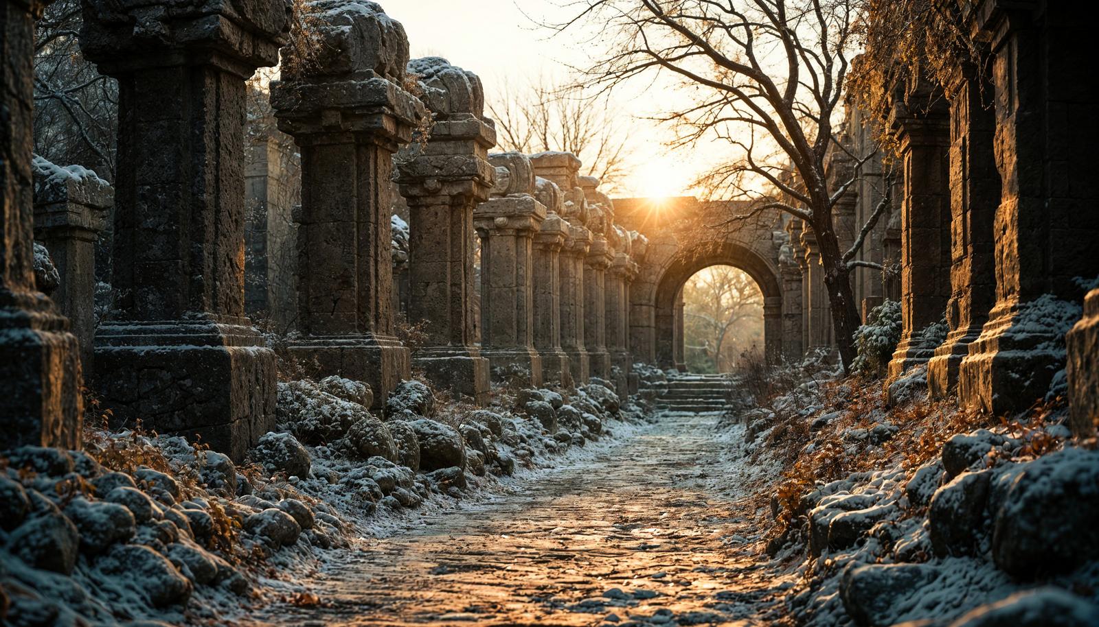 雪が積もる石柱の通路とアーチ門に夕日が差し込む遺跡風の風景