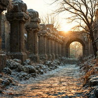 夕日に染まる雪の古代遺跡のAI画像