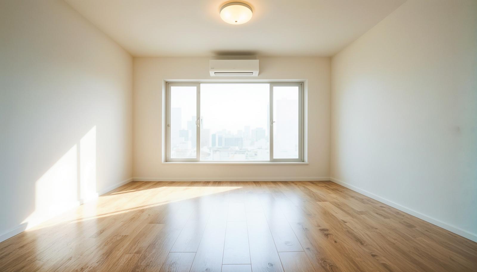 窓から光が差し込む家具のないワンルームの室内