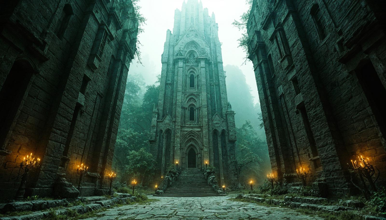 AI-generated Gothic stone tower at the end of a fog-filled cobblestone courtyard, flanked by ruined walls and rows of lit candelabras, with dense foliage in the background.